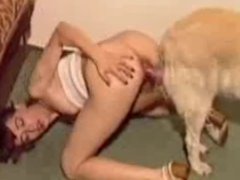 Video vintage de uma mulher dando a buceta para o cachorro e ficando grudada